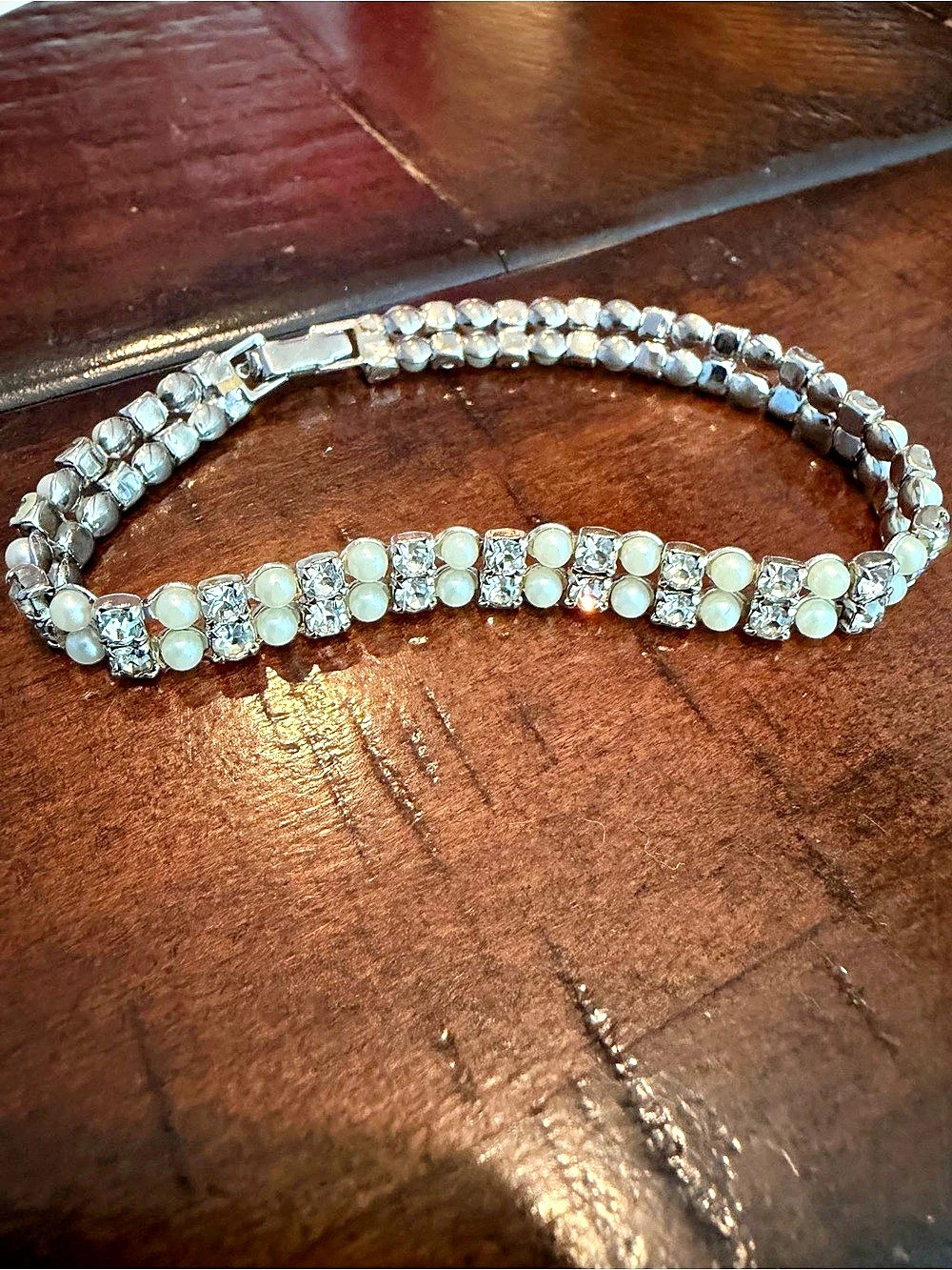 Vintage Crown Trifari Double Strand Faux Pearl Rhinestone Line Bracelet